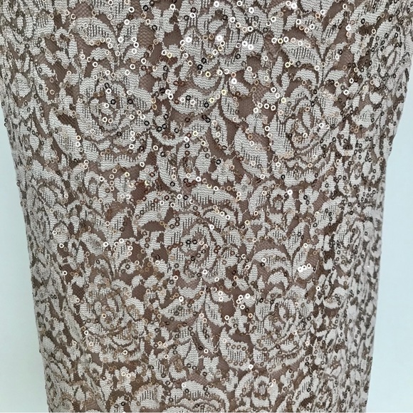 XSCAPE size 4 tan midi dress with gold sparkles and built in bra - Picture 7 of 14